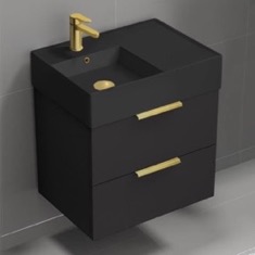 Black 24 inch Small Floating Bathroom Vanity, Modern, Matte Black, Gold Handles